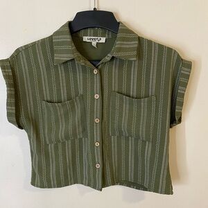 Love 83 Olive Striped Button Down  Cropped Shirt size small front pockets